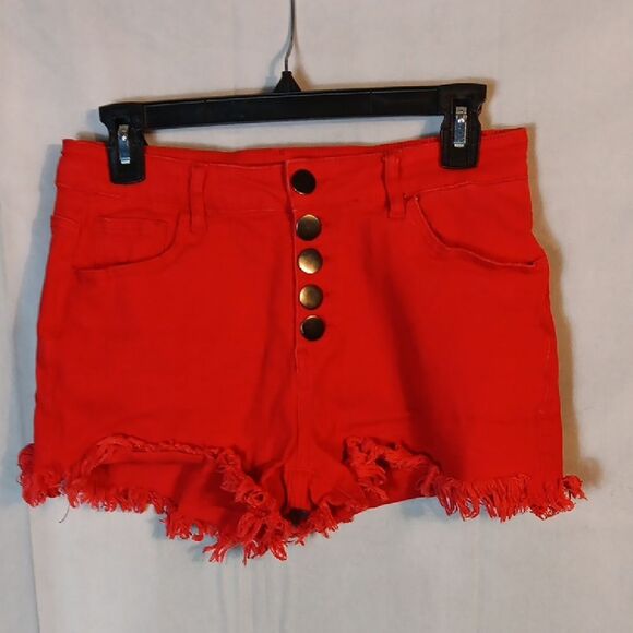 Red Frayed Hem Stretch Denim Women Shorts - Picture 1 of 4